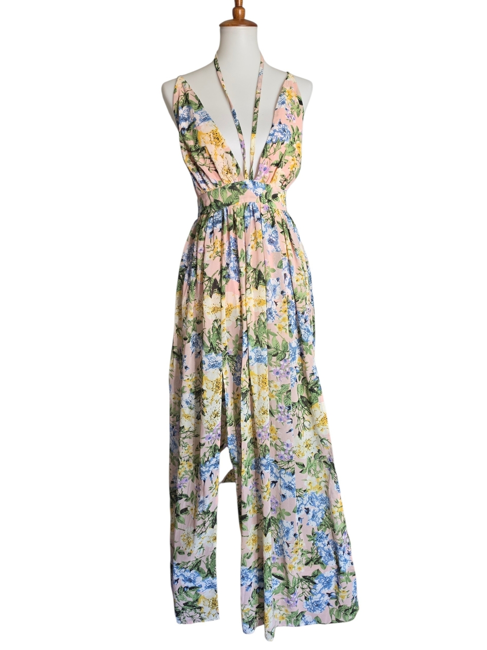 Revamped Pastel Floral Halter Maxi Dress